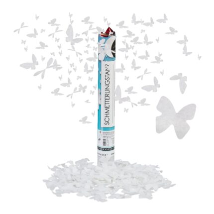 Tun confeti Relaxdays, Fluturi albi, 40 cm, Inaltime efect 8 m