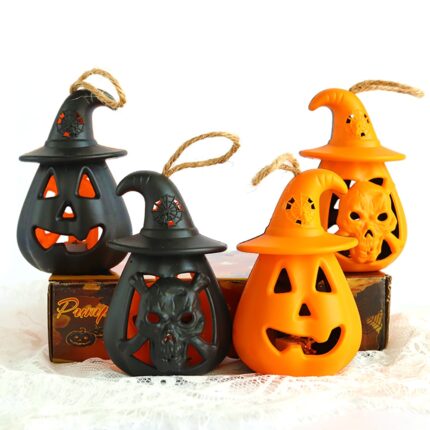 Decoratiuni luminoase pentru Halloween, sub forma de sfesnic cu lumanare, Ronyes®, 4 piese, portocaliu