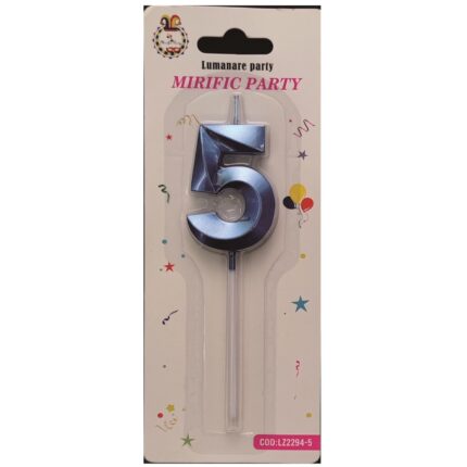 Lumanare tort albastru metalizat tridimensional, 12 cm, cifra 5
