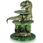 Suport pentru prajituri cu 3 niveluri, tematica dinozauri, verde, 43.8x33.8cm