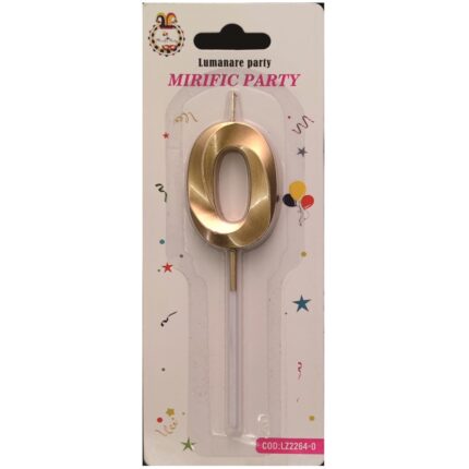 Lumanare tort auriu metalizat tridimensional, 12 cm, cifra 0