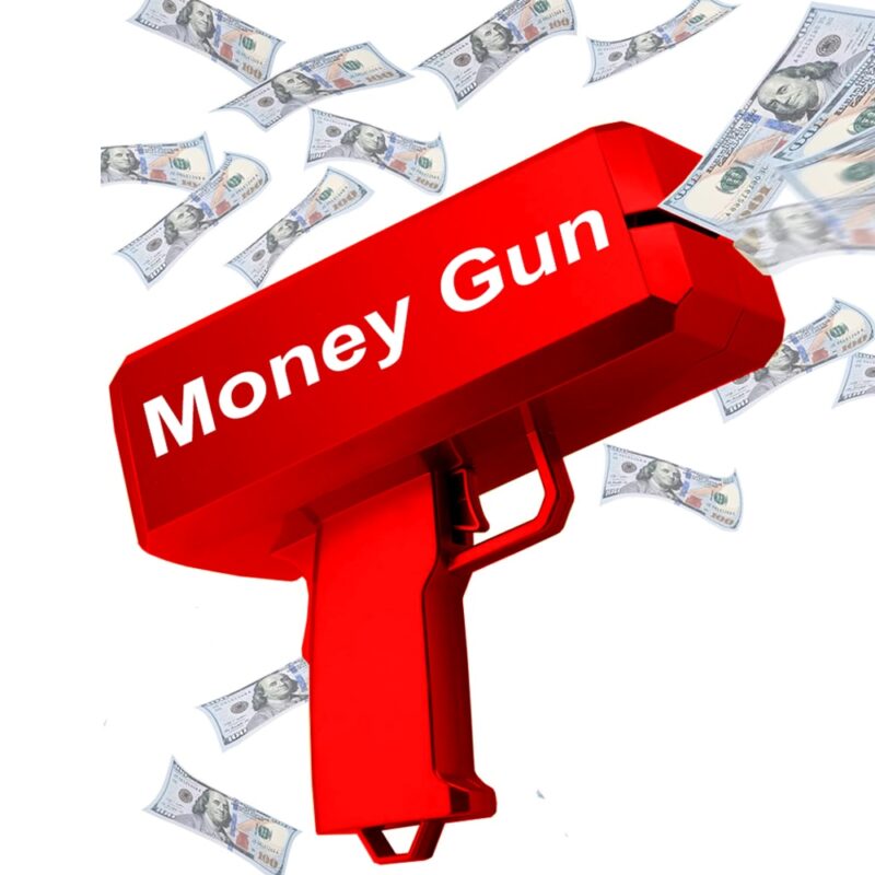 Pistol de Lansat Bani Teno®, pentru petreceri si aniversari, carcasa rezistenta, autonomie pe baterii, capacitate 300 de bacnote, rosu