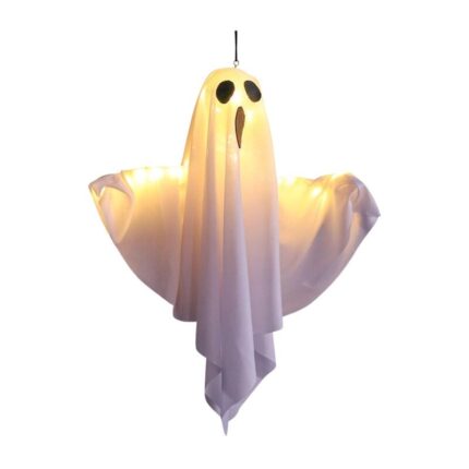 Decoratiune Halloween set fantome LED, 50 cm, alb/negru, cu luminite, pentru petrecere, gradina, interior