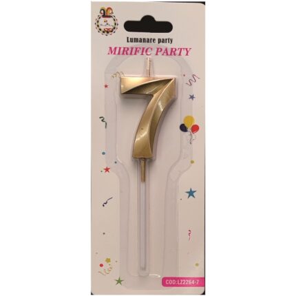 Lumanare tort auriu metalizat tridimensional, 12 cm, cifra 7