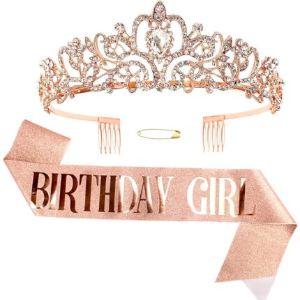 Set accesorii petrecere, EZGETOP® Tiara de cristal, "Birthday Girl", Auriu