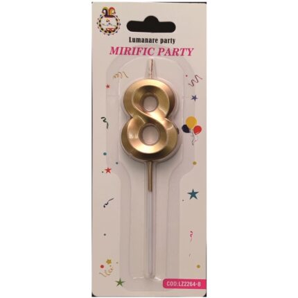 Lumanare tort auriu metalizat tridimensional, 12 cm, cifra 8