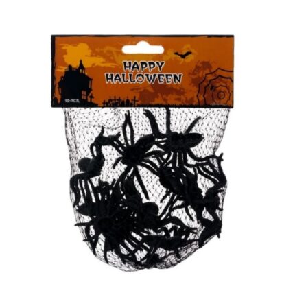 Set 12 decoratiuni pentru seara de Halloween, paianjeni infricosatori, negru, plastic, 5 cm