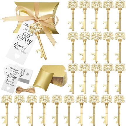 Set de deschizator de sticle cheie, marturii pentru nunta, cu card de eticheta, cutie de bomboane, panglica de satin, 25 de bucati, pentru petrecerea de nunta, aur, KINGTRONG®