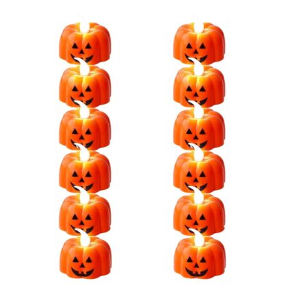 Set 12 Lumanari LED Fara Flacara, model Dovleac Halloween, Portocaliu, 4.5x4.5cm