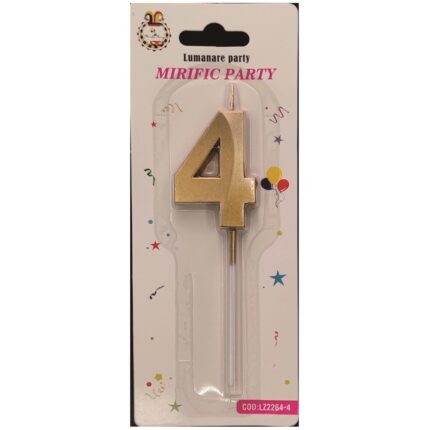 Lumanare tort auriu metalizat tridimensional, 12 cm, cifra 4
