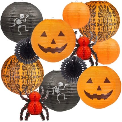 Set decorativ OVERTANG pentru Halloween, lanterna de hartie, schelet, paianjen, portocaliu si negru, 12 buc