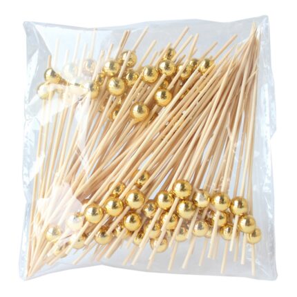 Set 100 buc mini scobitori decorative, Axroad Mall, Decora fructe, prajituri si gustari, Lucrate manual, Cu margele, Usor de utilizat, Pentru sarbatori, petreceri, nunti, Bambus, 12cm, Maro/Auriu