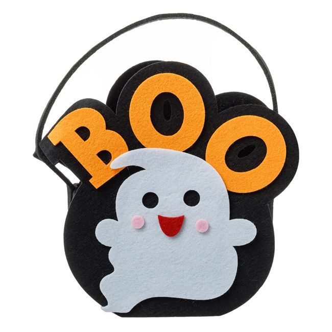 Cosulet pentru bomboane "Trick or Treat" din Fetru, Negru cu Fantoma Alba ”BOO” Halloween, 18x6.5x17.5cm
