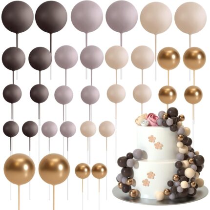 Set cu 32 sfere, JENUOS®, decoratiuni pentru ornarea torturilor si prajiturilor, 4 marimi 2/2.5/3/4cm, Maro inchis/Maro deschis/Kaki/Aur