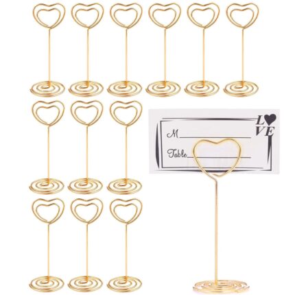 Set 12 suporturi de masa pentru numere, Hggzeg, Forma iubirii, Anti-corrosion and anti-breakage, Nu este usor sa se deformeze, Pentru nunti, petreceri aniversare, decoratiuni de masa, Metal, 12 x 7 cm, Auriu