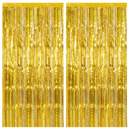 Set 2 accesorii petrecere NEW HUAAO, perdele folie aluminiu, panglica auriu