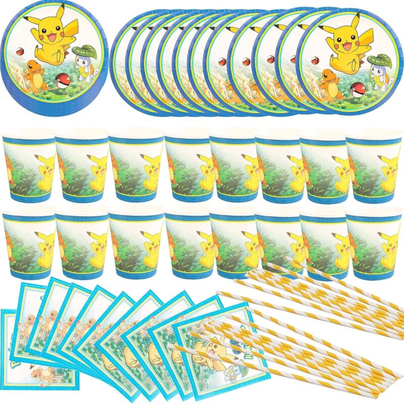 Set de servire pentru copii, TAOQI, petrecere tematica, POKEMAN, pentru ziua de nastere a copiilor sau pentru diverse alte evenimente, contine 16 farfurioare, 16 pahare, 20 servetele si 25 paie