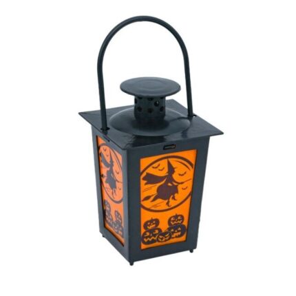 Felinar decorativ pentru petrecere de Halloween, cu lumina LED, design dovleci si imagini tematice, 12.5 cm, negru portocaliu