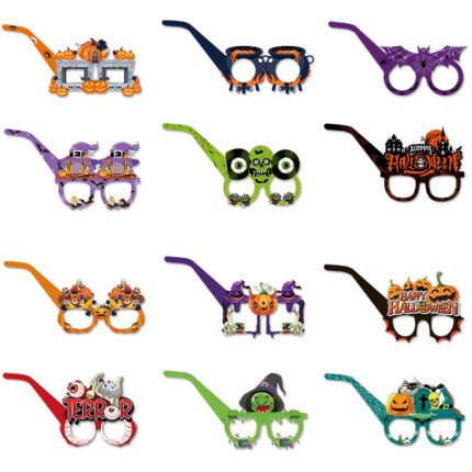 Set 12 Ochelari de hartie pentru Halloween, Fantasy, elemente dovleac, fantoma, liliac, castel, 14x13cm, multicolor