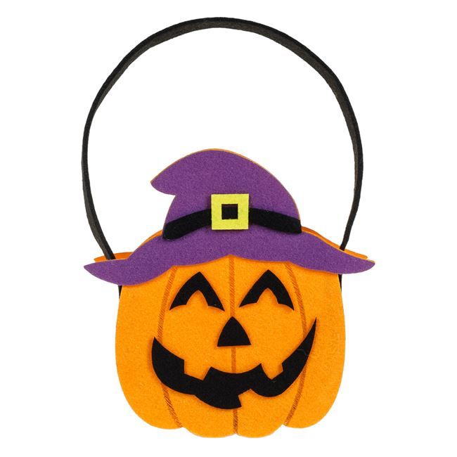 Cos pentru bomboane "Trick or Treat" din Fetru, Dovleac cu Palarie Mov, Halloween, 17x6.5x17cm