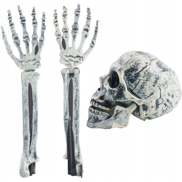 Decoratiune De Halloween, Craniu, Maini Artificiale, Corb, Dimensiuni Craniu: 18.5x13.5 cm, Dimensiunile Mainii: 9.5x37 cm, Gri