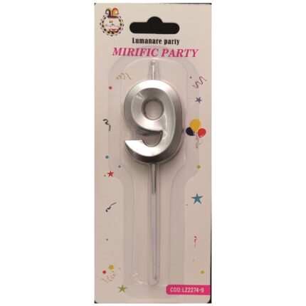 Lumanare tort argintiu metalizat tridimensional, 12 cm, cifra 9