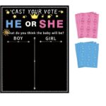Set 55 baloane Gender Reveal, JENUOS®, 27 de autocolante cu cravate albastre si 27 de autocolante cu fundite roz, 1 afis cu autocolante pentru echipa de baieti si fete, Multicolor