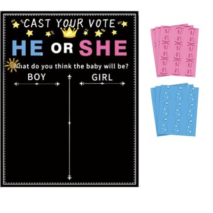 Set 55 baloane Gender Reveal, JENUOS®, 27 de autocolante cu cravate albastre si 27 de autocolante cu fundite roz, 1 afis cu autocolante pentru echipa de baieti si fete, Multicolor