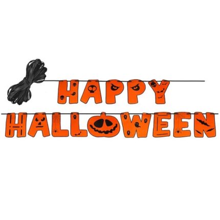 Ghirlanda decor pentru Halloween cu inscriptia Happy Halloween Springos, Hartie, Neagra, 200 cm