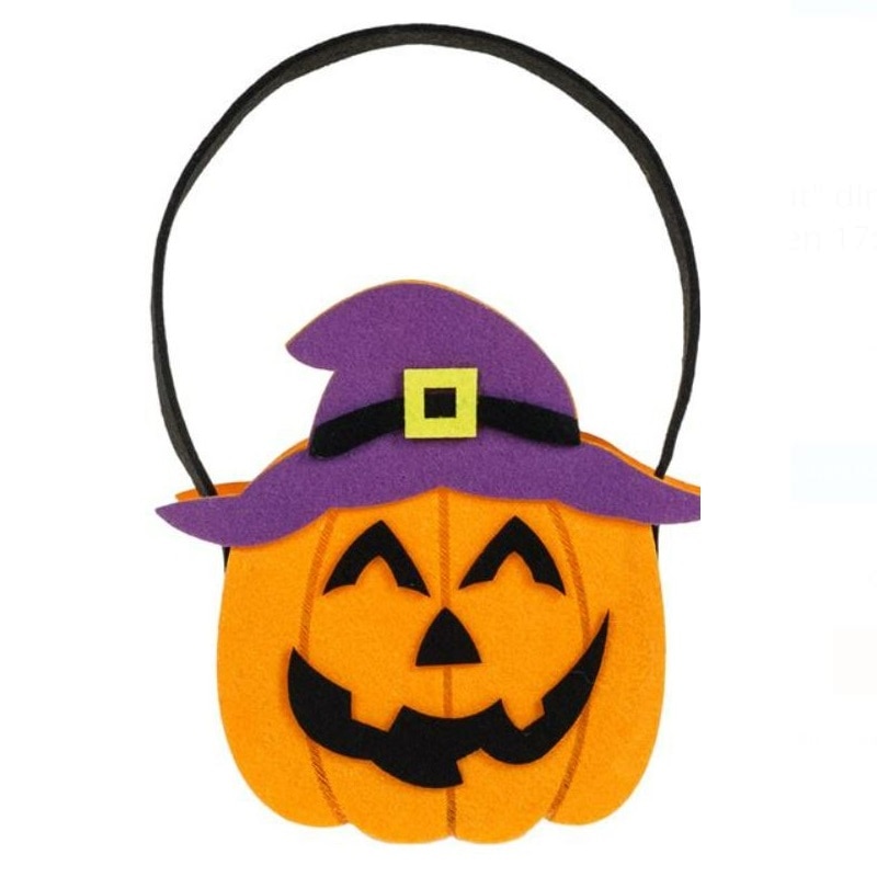 Cos Trick or Treat din Pasla Dovleac cu Palarie Mov de Halloween 17x7x13cm
