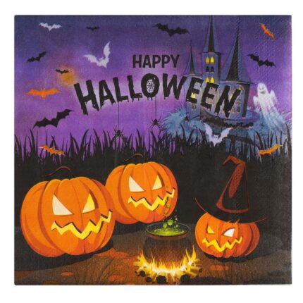 Servetele Halloween 33x33cm, 2 Straturi, cu Model Castel, Dovleci, Lilieci si Mesaj Happy Halloween, Set 12