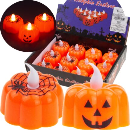 Set 12 lumanari LED dovleac Halloween, efect flacara, 4,5x4,5x4,5cm
