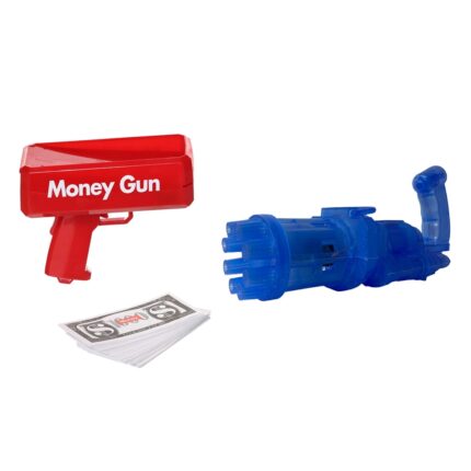 Set pistol de Aruncat Bani Super Money Gun pentru Petreceri si Aniversari, cu 100 de Bancnote inclus, si Pistol de facut baloane de sapun, HAPPY JOKER®