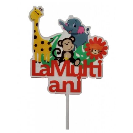 Decoratiune Topper Tort La Multi Ani, Rosu 17 x 10 cm, It's Party Time, jungle party, zoo, safari