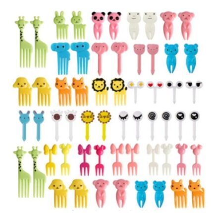 Set 60 buc mini furculite si scobitori decorative pentru tort, JENUOS®, pentru copil, model animale, ocazii festive copii, modele cu animale, Multicolor