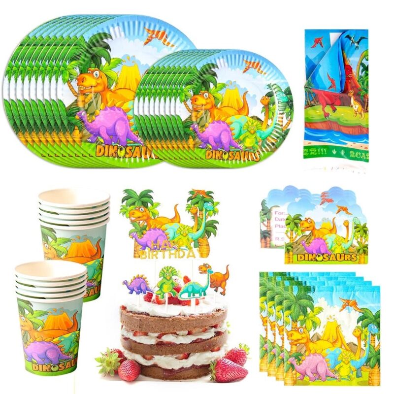 Set de Petrecere Dinozauri - Decoratiuni pentru Ziua de Nastere a Copiilor, Tematica Dinozauri, pentru Baieti si Fete, Set Complet pentru 20 Copii