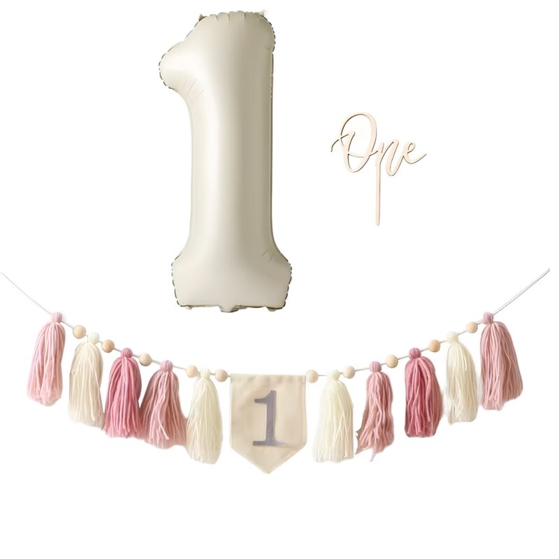 Set decor aniversare 1 an bebelus, Arelair Magic Box, 3 piese, balon in forma de 1, ghirlanda cu ciucuri/pompoane si cifra 1, topper tort "One", lemn si textil, cadou petrecere taiere mot si turta, roz si alb