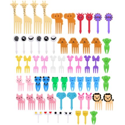 Set 60 mini furculite si scobitori decorative pentru tort, Yefound®, model animale pentru copii, ABS, pentru tort, fructe, desert, Multicolor