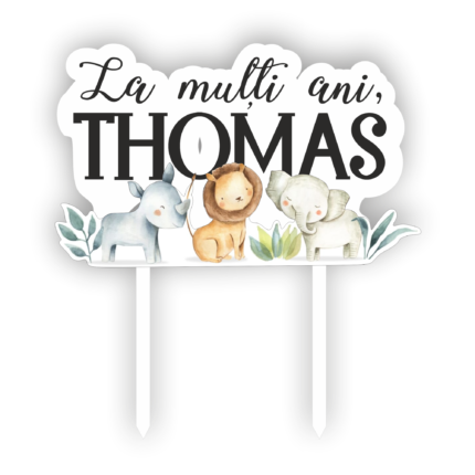 Topper tort UV Personalizat cu nume La multi ani Animale jungla, Inedit Print, TC705, MDF, 10 cm