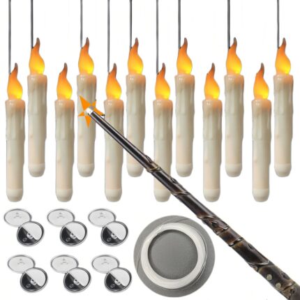 Set 12 lumanari plutitoare fara flacara LED, telecomanda cu bagheta magica, Alb