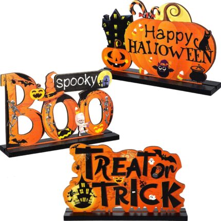 Set 3 Decoratiuni de Masa pentru Halloween, JeiibrZui, Lemn, Multicolor, 20x12cm