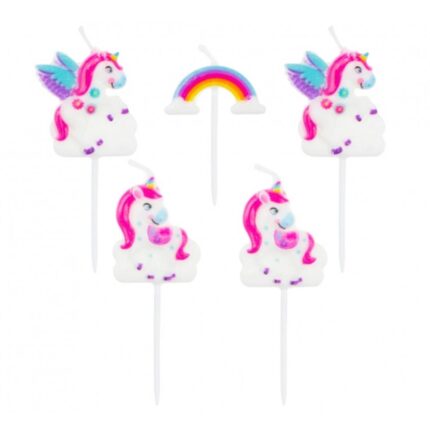 Set 5 lumanari aniversare pentru tort, model unicorn, multicolor