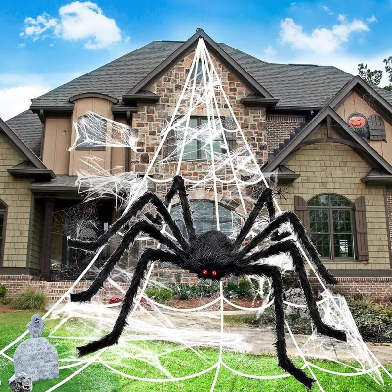 Set decoratiune pentru Halloween, QttvbTna, 5 metri, 20 paianjeni mici/1 paianjen mare/plasa, alb/negru