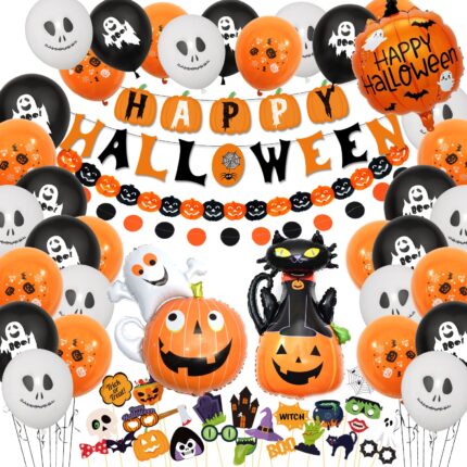 Set 70 bucati Decoratiuni Halloween JYMM, baloane latex, fantome, dovleac, pisica neagra, accesorii foto, portocaliu, negru, alb