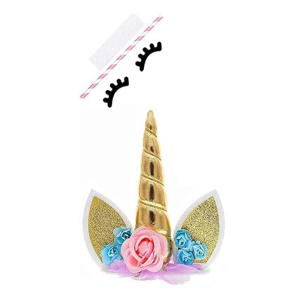 Set decor pentru tort Unicorn, Tovbmup, corn auriu, urechi, gene, materiale netoxice