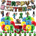 Set de accesorii petrecere aniversare, SINBINTA, Minecraft, 2 banner Minecraft, 6 helix, 16 topper de tort, 20 balon din latex, Ecologice, Usor de instalat, Reutilizabile, Fara decolorare, Marimi multiple, Multicolor