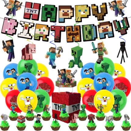 Set de accesorii petrecere aniversare, SINBINTA, Minecraft, 2 banner Minecraft, 6 helix, 16 topper de tort, 20 balon din latex, Ecologice, Usor de instalat, Reutilizabile, Fara decolorare, Marimi multiple, Multicolor