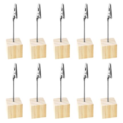 Set 10 suporturi numere masa, gxwcyi, otel inoxidabil/lemn, 110 x 23 mm, argintiu/maro