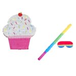 Pinata in forma CupCake - Briosa cu bata si ochelari, VENITIVO®, din carton si hartie, usor de asamblat, dimensiuni L x l x H 37x9x47cm
