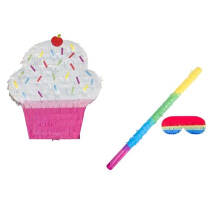 Pinata in forma CupCake - Briosa cu bata si ochelari, VENITIVO®, din carton si hartie, usor de asamblat, dimensiuni L x l x H 37x9x47cm